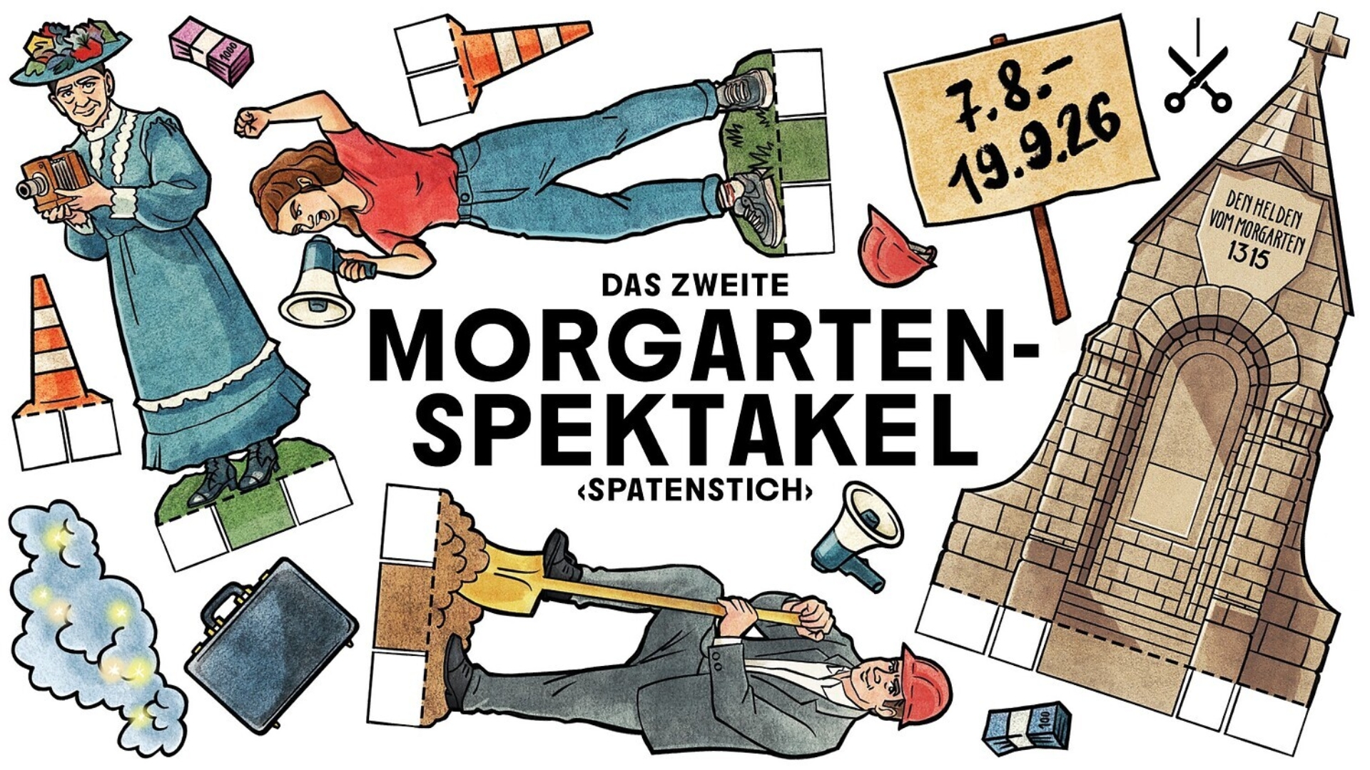 Das Plakat zum Morgarten Spektakel 2026. Das Denkmal und einige Figuren sind gezeichnet auf weissem Hintergrund dargestellt als Ausschneidebogen.
