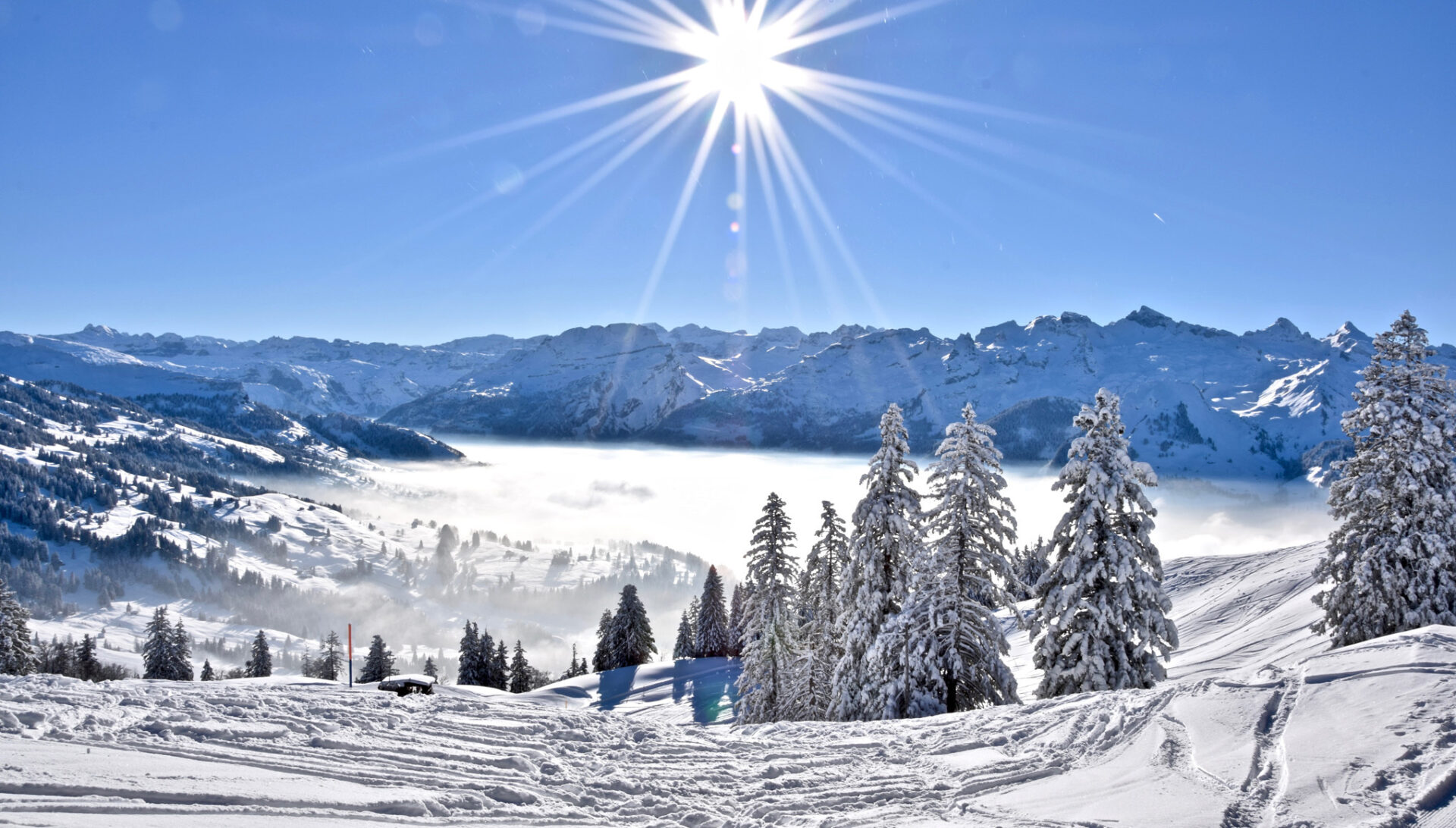 Eine tiefverschneite Winterlandschaft in der Mythenregion oberhalb Schwyz. Im Tal liegt ein Nebelmeer. Die Strahlen der Sonnen strahlen über der Landschaft