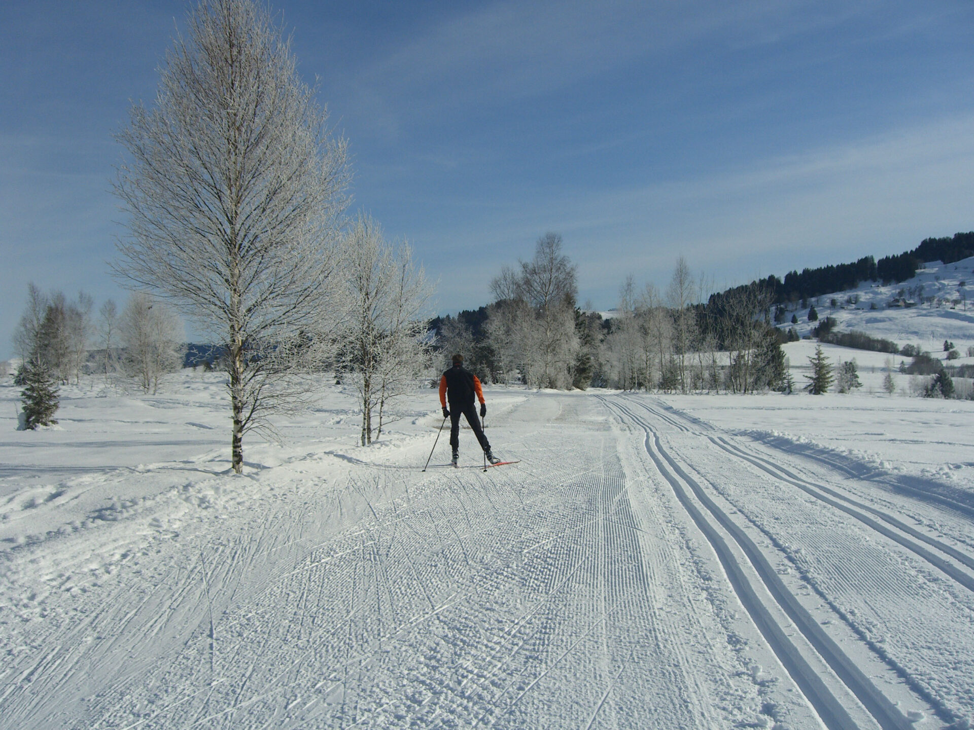 Finnenloipe Rothenthurm: In der schön verschneiten Winterlandschaft ist die Finnenloipen-Spur sichtbar. Ein Herr auf Langlaufskiern sieht man von hinten. Er läuft im Skating-Stil die Loipe entlang. Verschneite Bäume säumen die Loipe. Der Himmel ist blau und leicht mit Wolken durchzogen.