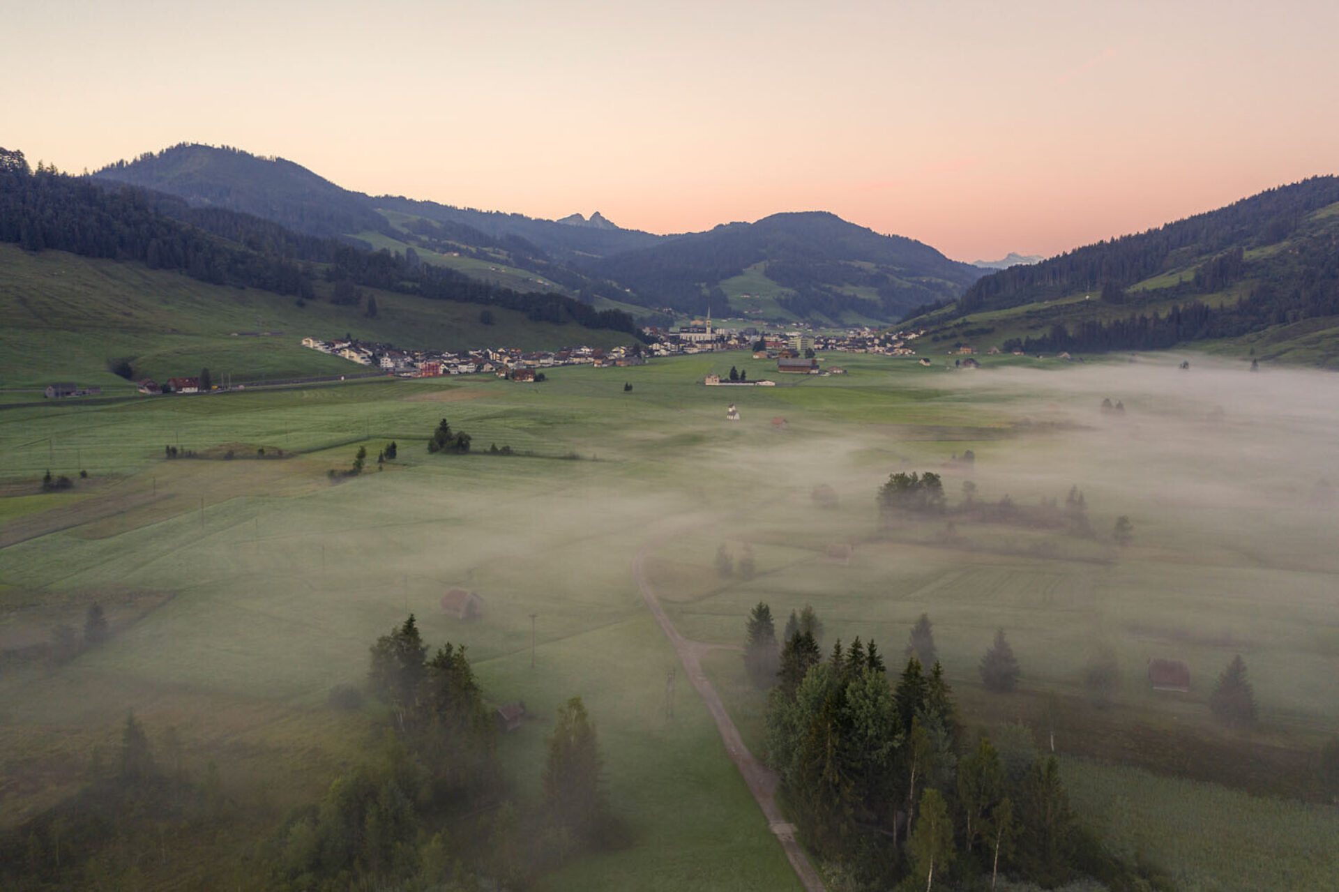 Blick über das Rothenthurmer Hochmoor zum Dorf Rothenthurm. Über dem Moor liegen leichte Nebelschwaden. Der Himmel ist blass rosa gefärbt.