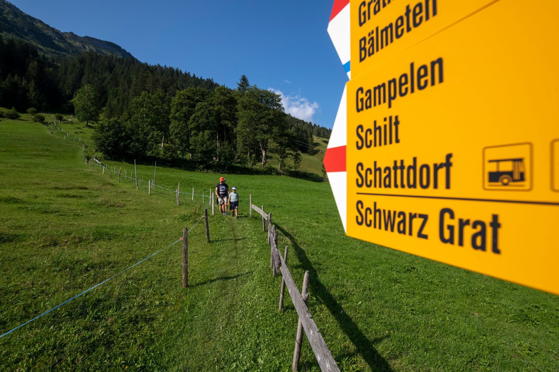 Eine gelbe Wanderwegweiser-Tafel zeigt verschiedene Ziele an, während im Hintergrund zwei Wanderer einen grünen Wiesenpfad entlanglaufen. Die Umgebung ist geprägt von sanften Hügeln, Bäumen und strahlendem Sonnenschein unter blauem Himmel.