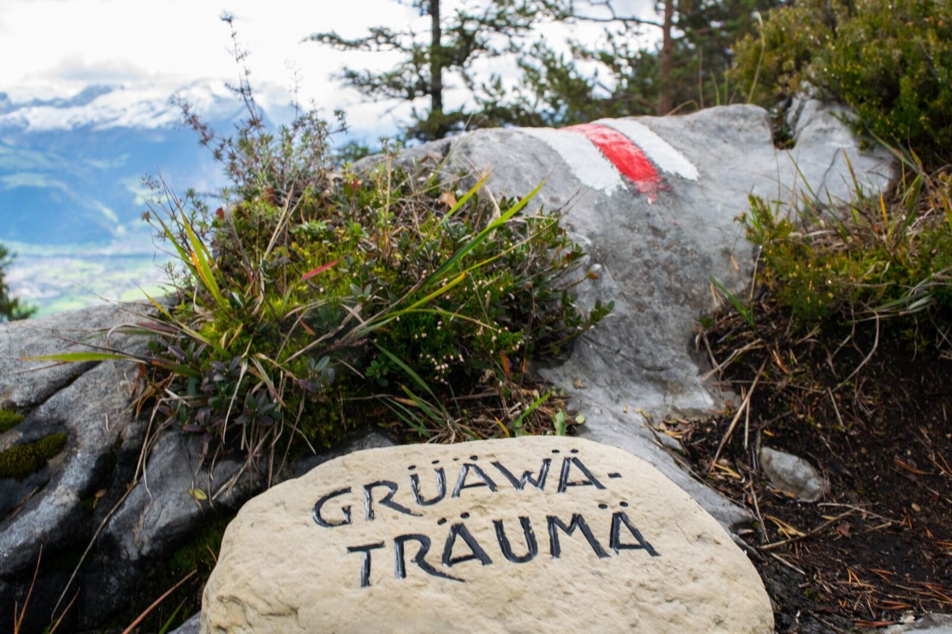 Ein markierter Wanderweg führt an einem liebevoll beschrifteten Stein mit der Aufschrift „Grüäwä-Träumä“ vorbei, umgeben von alpiner Vegetation und mit Blick auf ein weites Tal. Die Szene verbindet Naturgenuss mit regionalem Charme und lädt zum Innehalten ein.