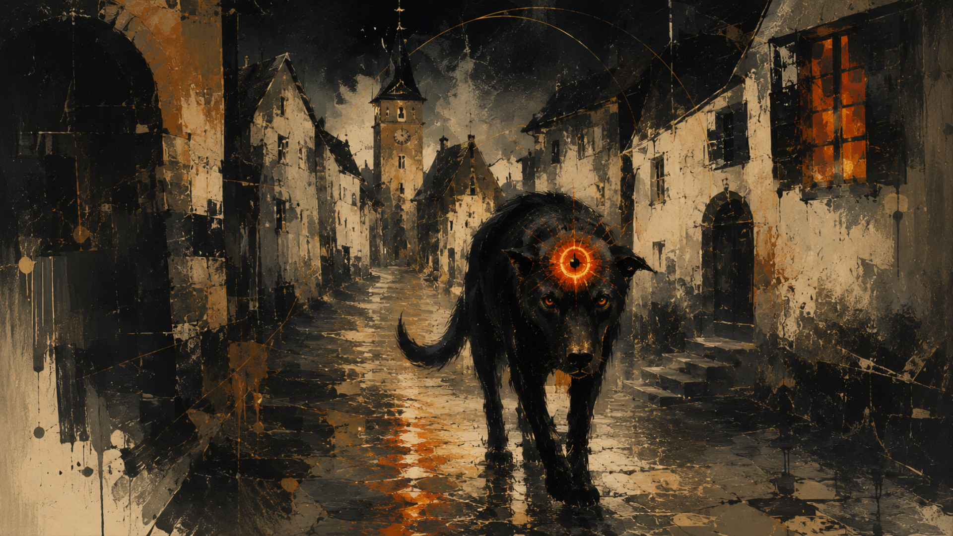 Ein grosser schwarzer Hund mit einem feurigen Auge auf der Stirn wandert durch das Hellgässli und die anderen Gassen von Altdorf.