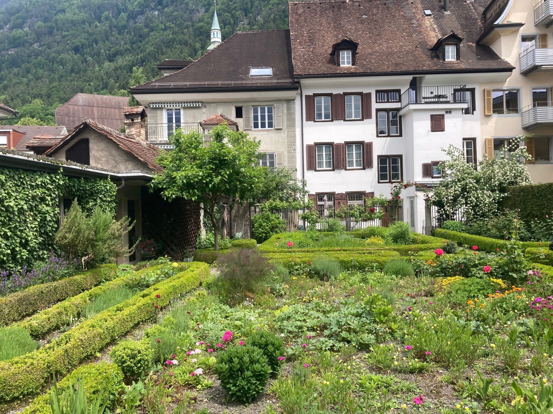 Ein gepflegter Bauerngarten mit Blumen, Kräutern und kleinen Hecken liegt idyllisch vor historischen Wohnhäusern mit braunen Fensterläden und verwitterten Dächern, eingebettet in eine grüne Berglandschaft. Die harmonische Szenerie strahlt Ruhe und ländlichen Charme aus.