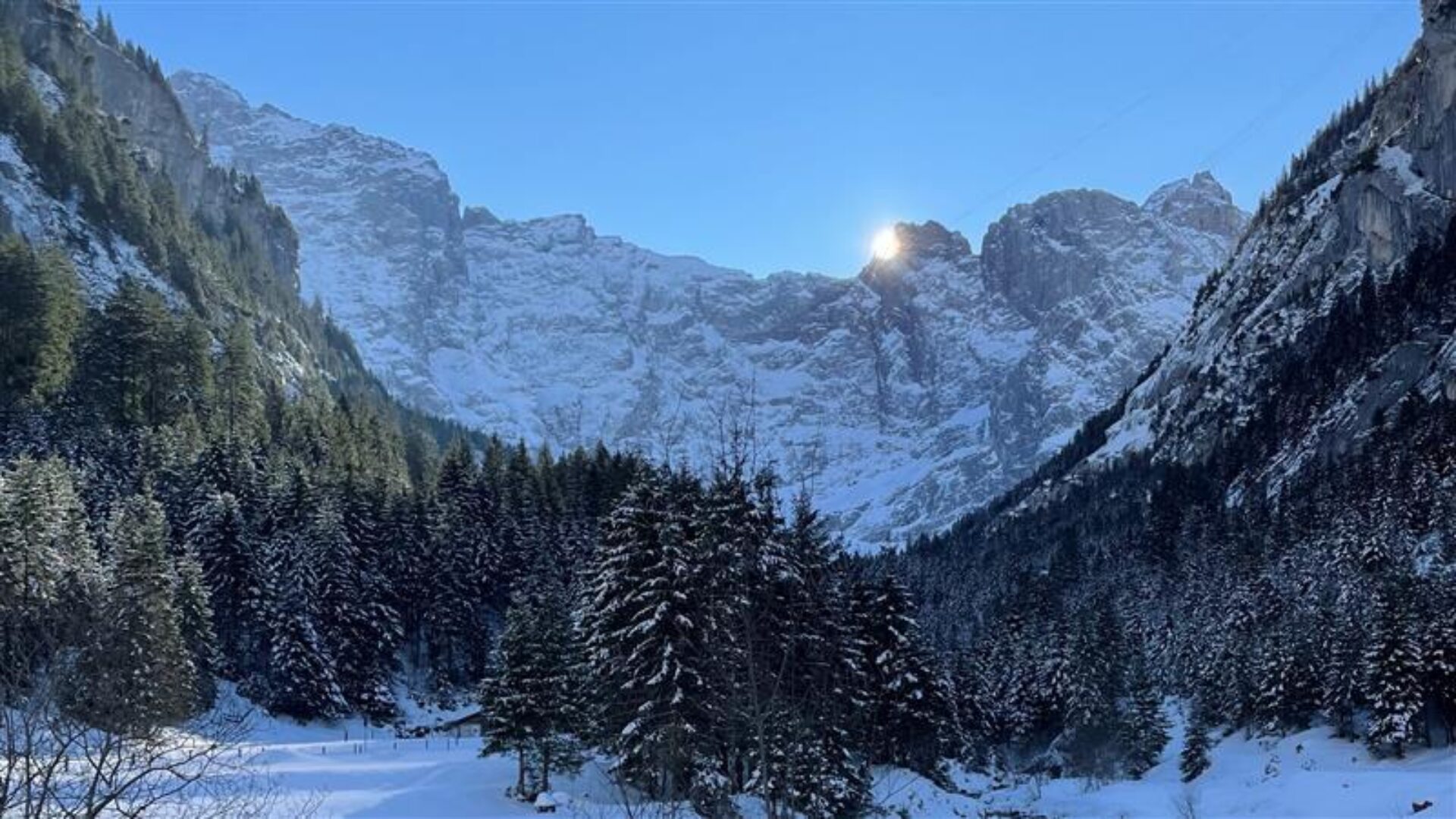 Eine verschneite Winterlandschaft erstreckt sich zwischen steilen, schneebedeckten Felswänden, während die Sonne über einem Berggipfel aufleuchtet. Der dichte Nadelwald im Tal verstärkt die friedliche, nahezu magische Atmosphäre dieser unberührten Naturkulisse.