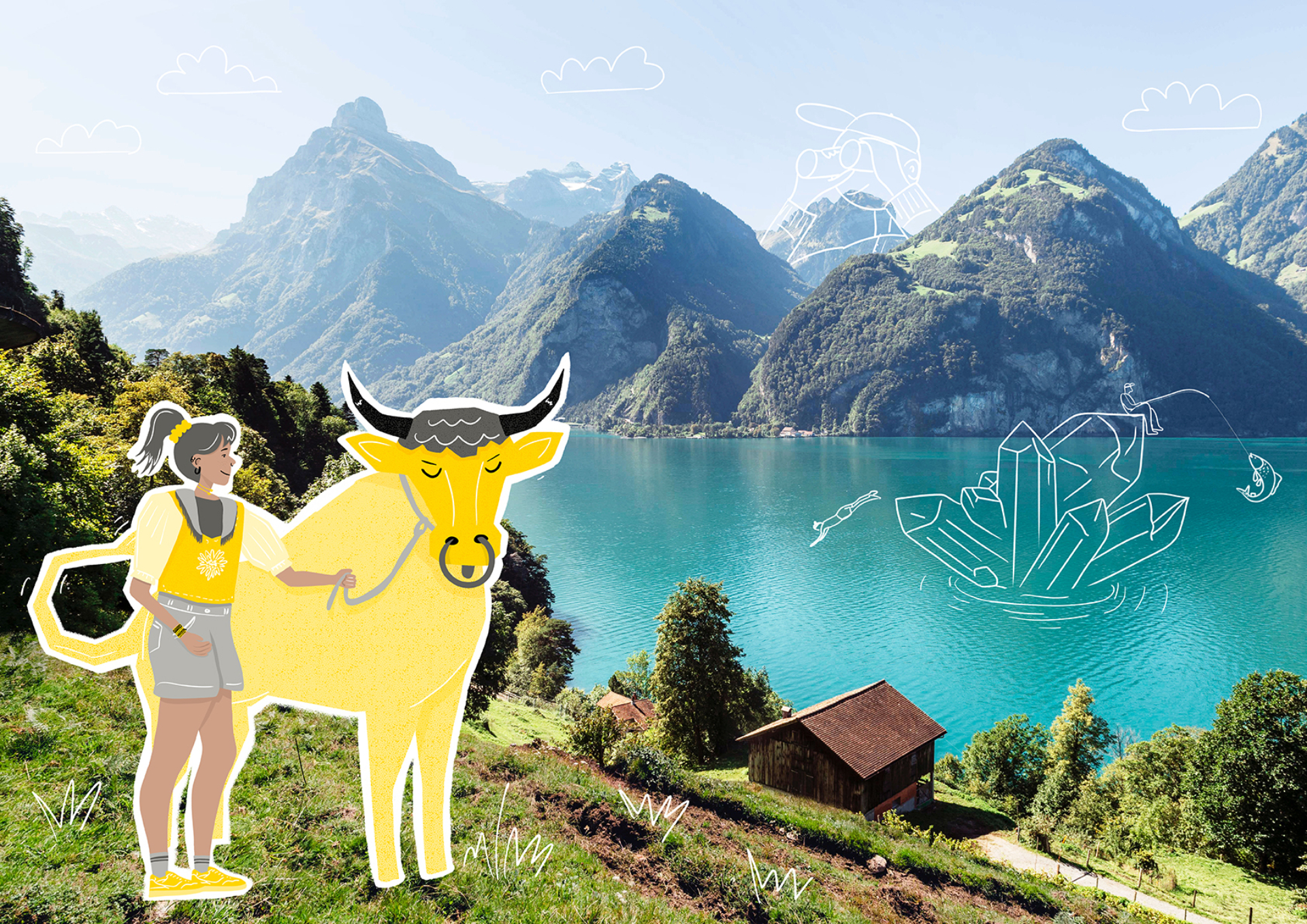 Stier auf der Weide bei der Tellsplatte mit seiner Besitzerin, einem selbstbewussten Mädchen (zeigt Uri-Symbol und Landwirtschaft). Key-Visuals_Unikat-Originale.